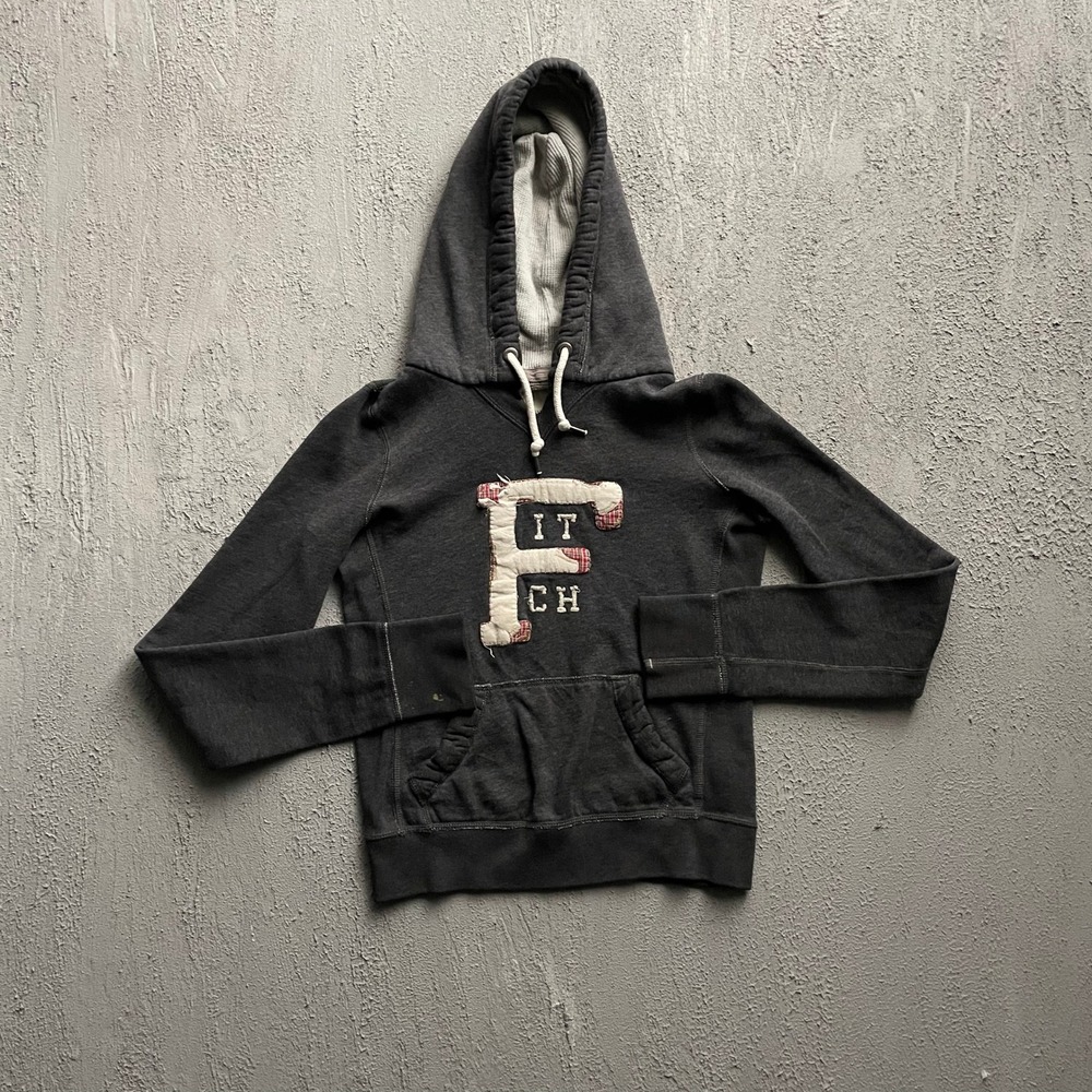 Vintage Abercrombie Patchwork Logo Pullover Hoodie Mens Extra Small Black Y2K